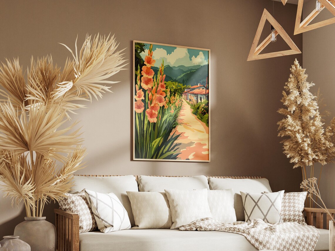 Orange Gladiolus Village Road Mountain Cottages Flower Poster - Image 3