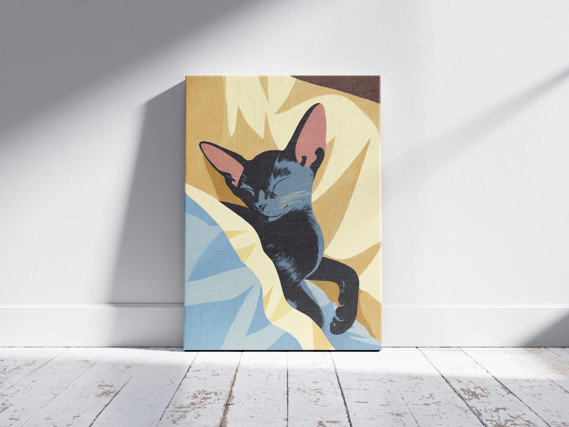 Sleeping Black Oriental Shorthair Cat Minimalist Yellow Poster - Image 2