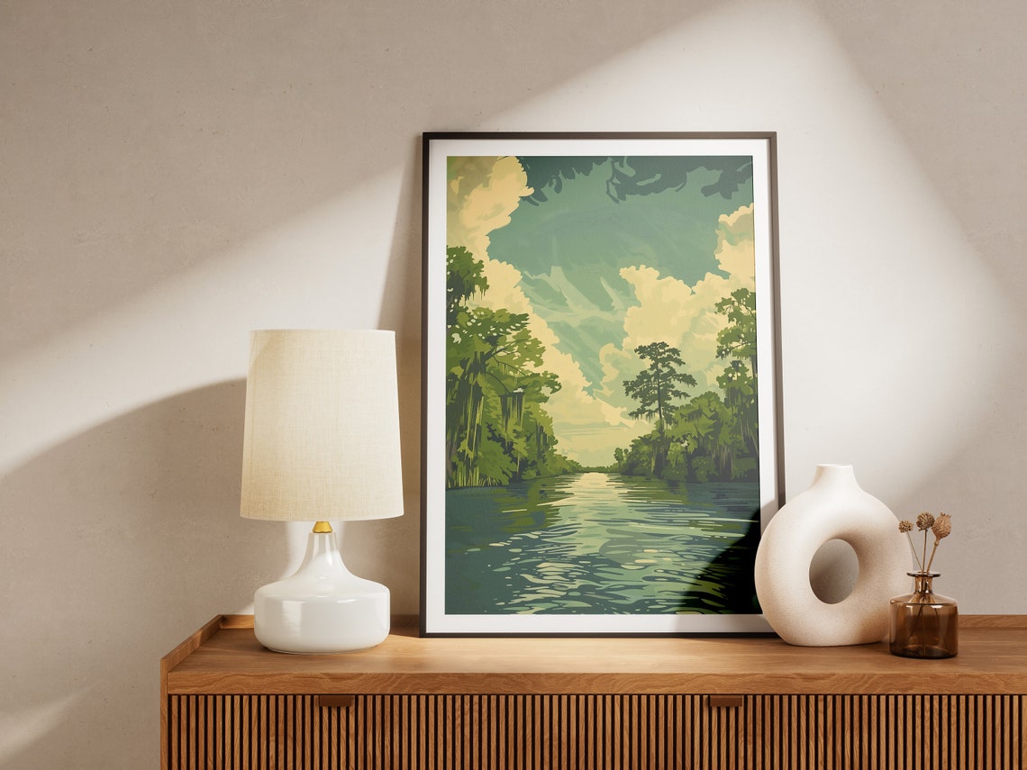 Lush Cypress Swamp River Beneath a Dramatic Cloudy Sky Poster - Image 2