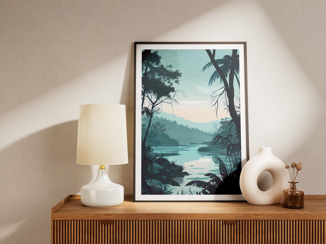 Tasmanian Wilderness River Dawn Mist Minimalist Forest Art Poster - Image 2