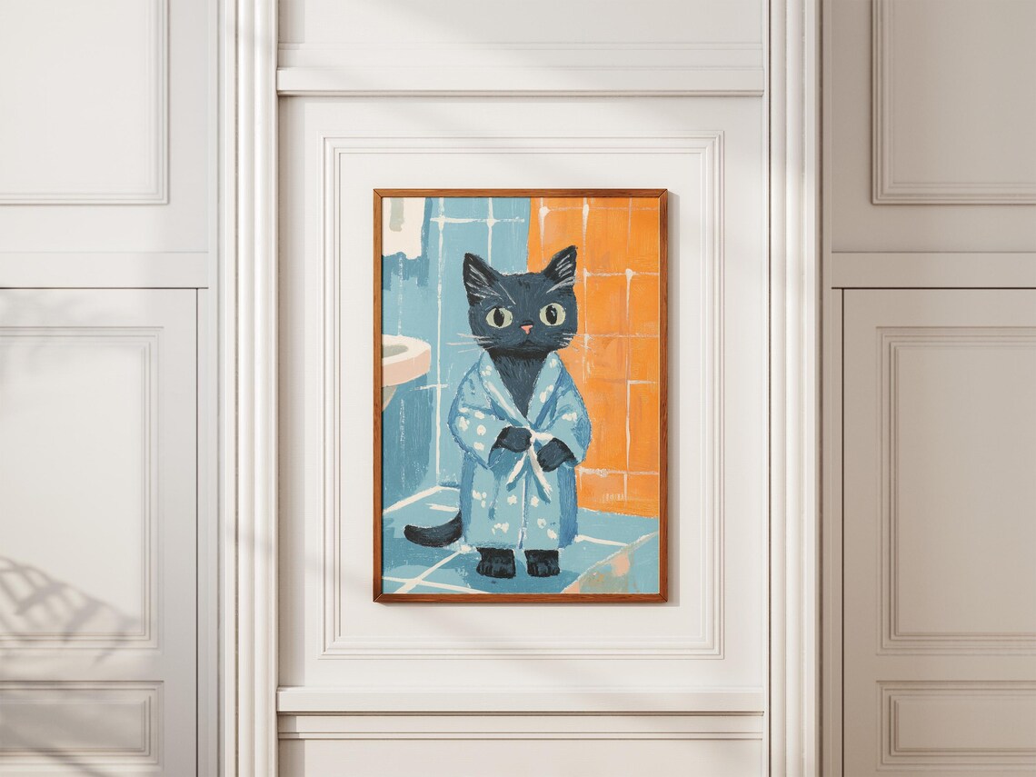 Russian Blue Kitten in Powder Blue Robe Sweet Cat Art Poster - Image 2