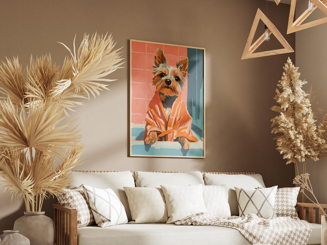 Yorkshire Terrier Bath Time Pink and Teal Tiles Cute Dog Art Poster - Image 3