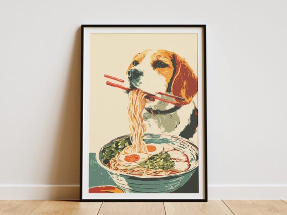 Humorous Dog Ramen Noodle Art Print For Kitchen Decor Cute Pet Animal Wall Gift Beagle Eating Noodles Poster Foodie Lover Design
