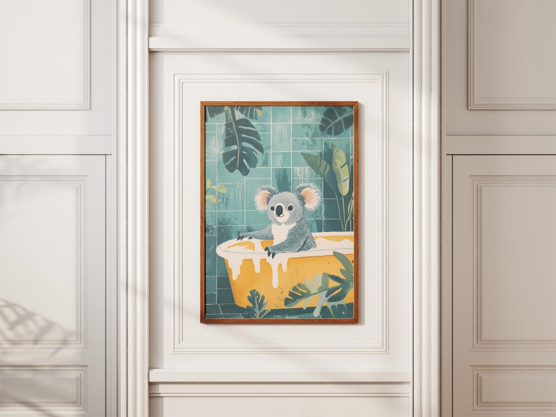 Cute Koala Soaking In Yellow Bubble Bath Tropical Bathroom Poster - Image 2