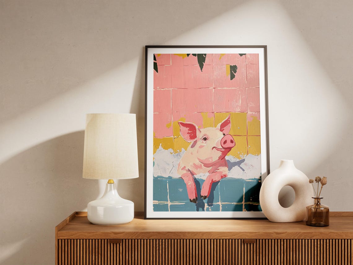 Pink Pig in Foam Bathtub, Whimsical Bathroom Art Print - Image 4