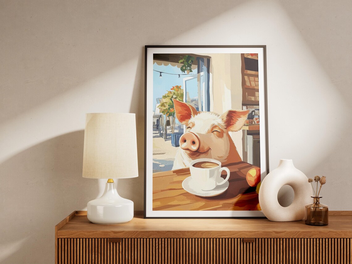 Happy Pig Drinking Coffee Sunny Outdoor Cafe Terrace Art Poster - Image 4