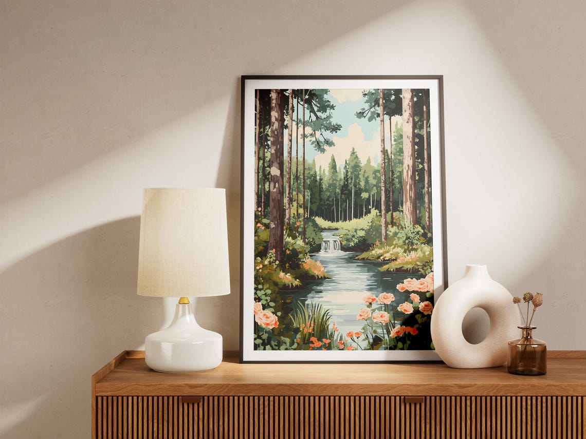 Forest Stream With Peach Roses Leading To Distant Waterfall Poster - Image 5