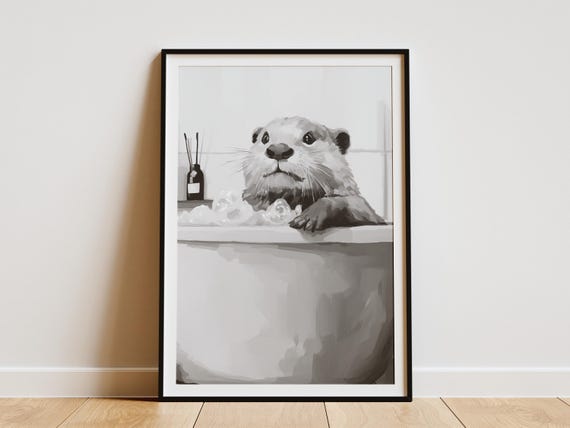 Otter In Bathtub Poster Bathroom Wall Art Funny Animal Print Minimalist Home Decor Cute Bubble Bath Lover
