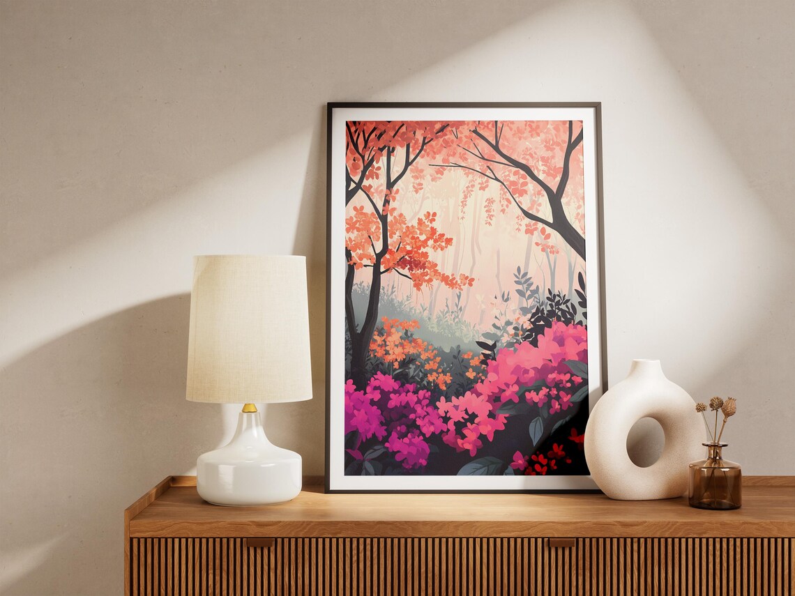 Coral Tree Canopy With Magenta Azaleas Poster in a Misty Garden - Image 5