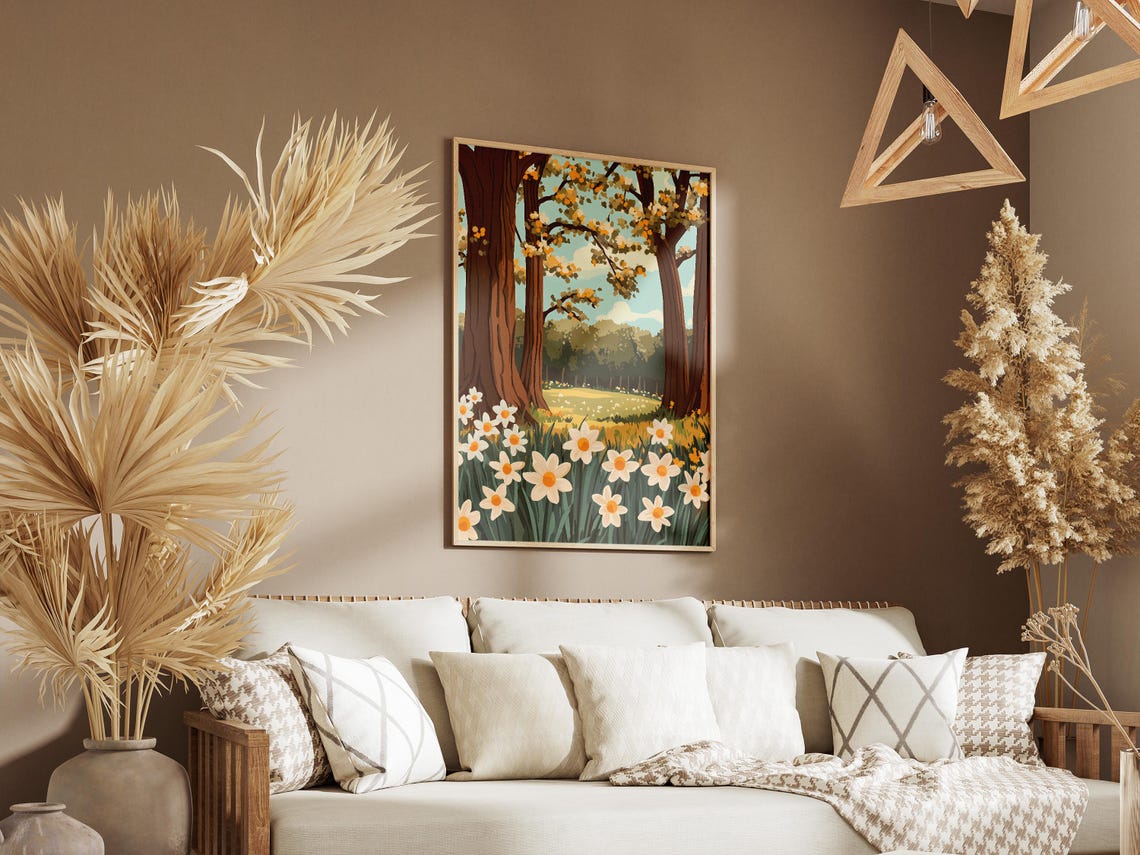 White Daffodils Beneath Towering Oak Trees Poster in Spring Meadow - Image 3