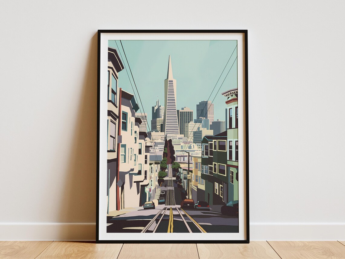 San Francisco Cable Car Street Vintage Travel Poster with Transamerica