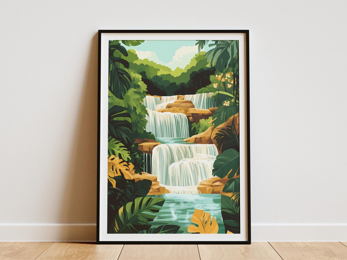 Dunns River Falls Jamaica Tropical Waterfall Jungle Travel Poster