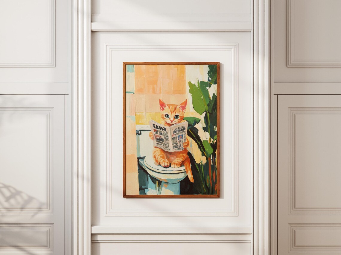 Orange Kitten On Toilet Reading Newspaper Poster Funny Cat Bathroom Art - Image 2