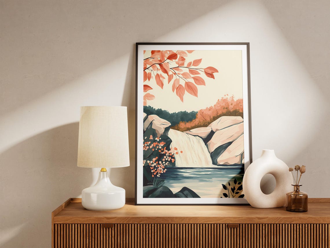 Autumn Waterfall Spilling Over Ivory Rocks and Leaves Poster - Image 5