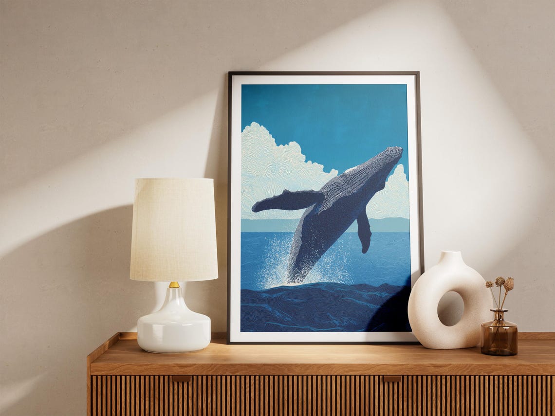 Humpback Whale Breaching Ocean Blue Nautical Wildlife Art Poster - Image 4