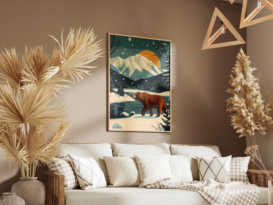 Brown Bear Walking Beside Snowy Mountain Lake At Sunset Poster - Image 3