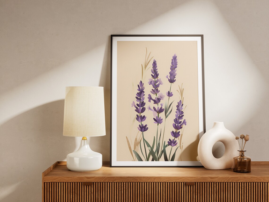 Purple Lavender Flowers Minimalist Botanical Cream Decor Poster - Image 2