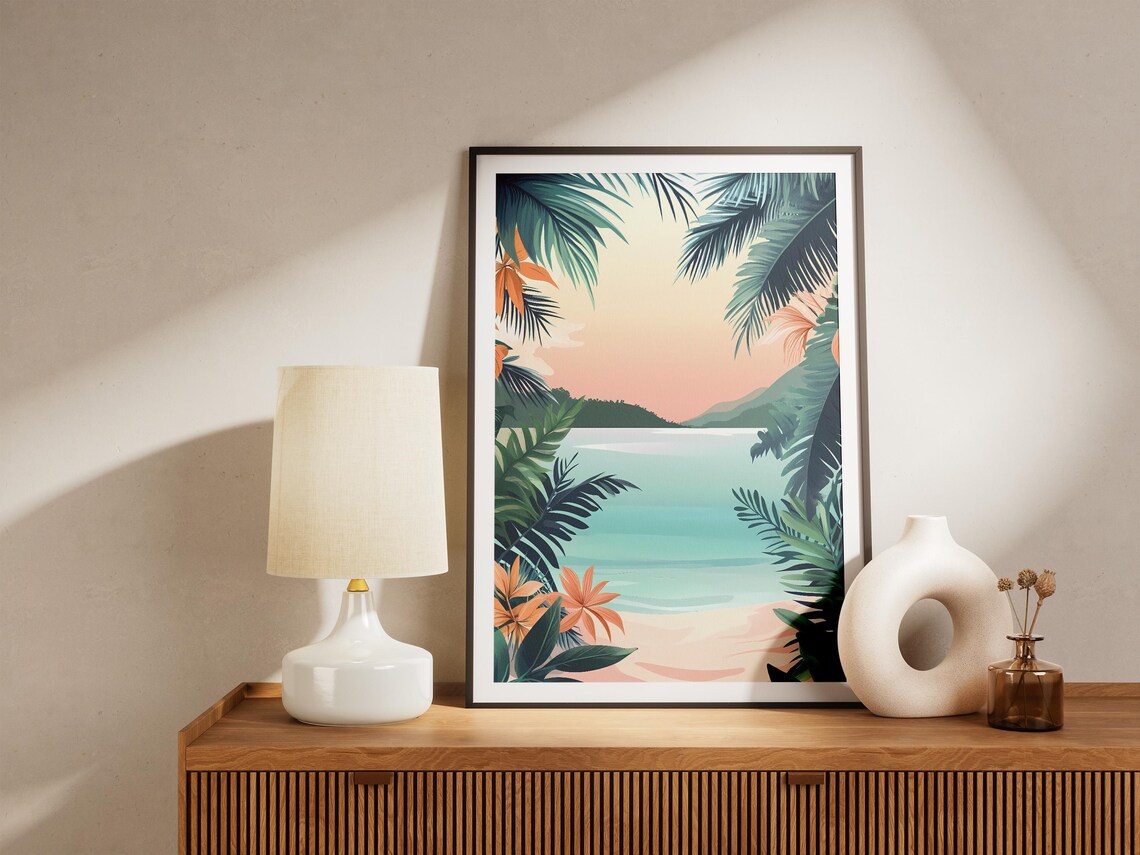 Tropical Sunset Bay Palm Fronds Pink Sky Ocean Illustration Poster - Image 5