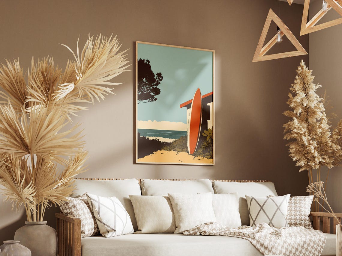 Beach Shack with Orange Surfboard Retro Minimalist Surf Poster - Image 3