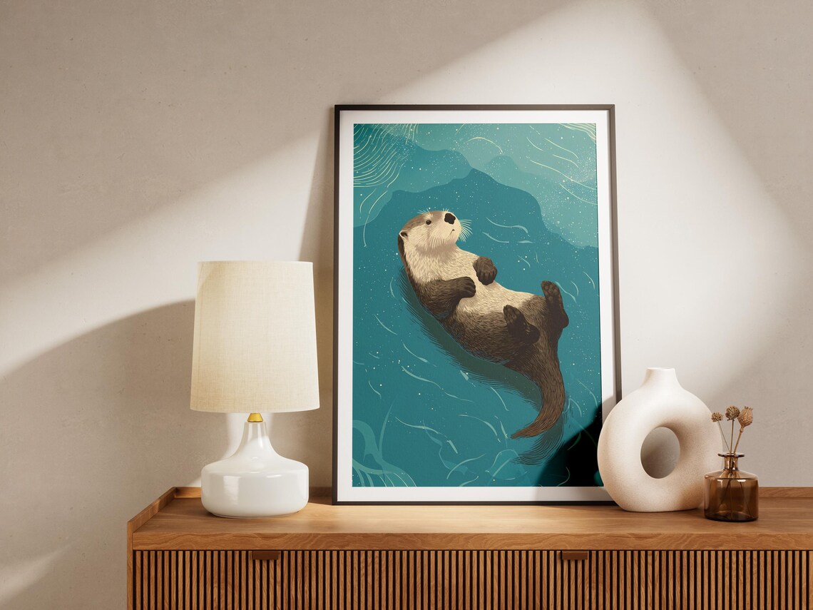 Adorable Sea Otter Floating On Its Back In Teal Ocean Water Poster - Image 4