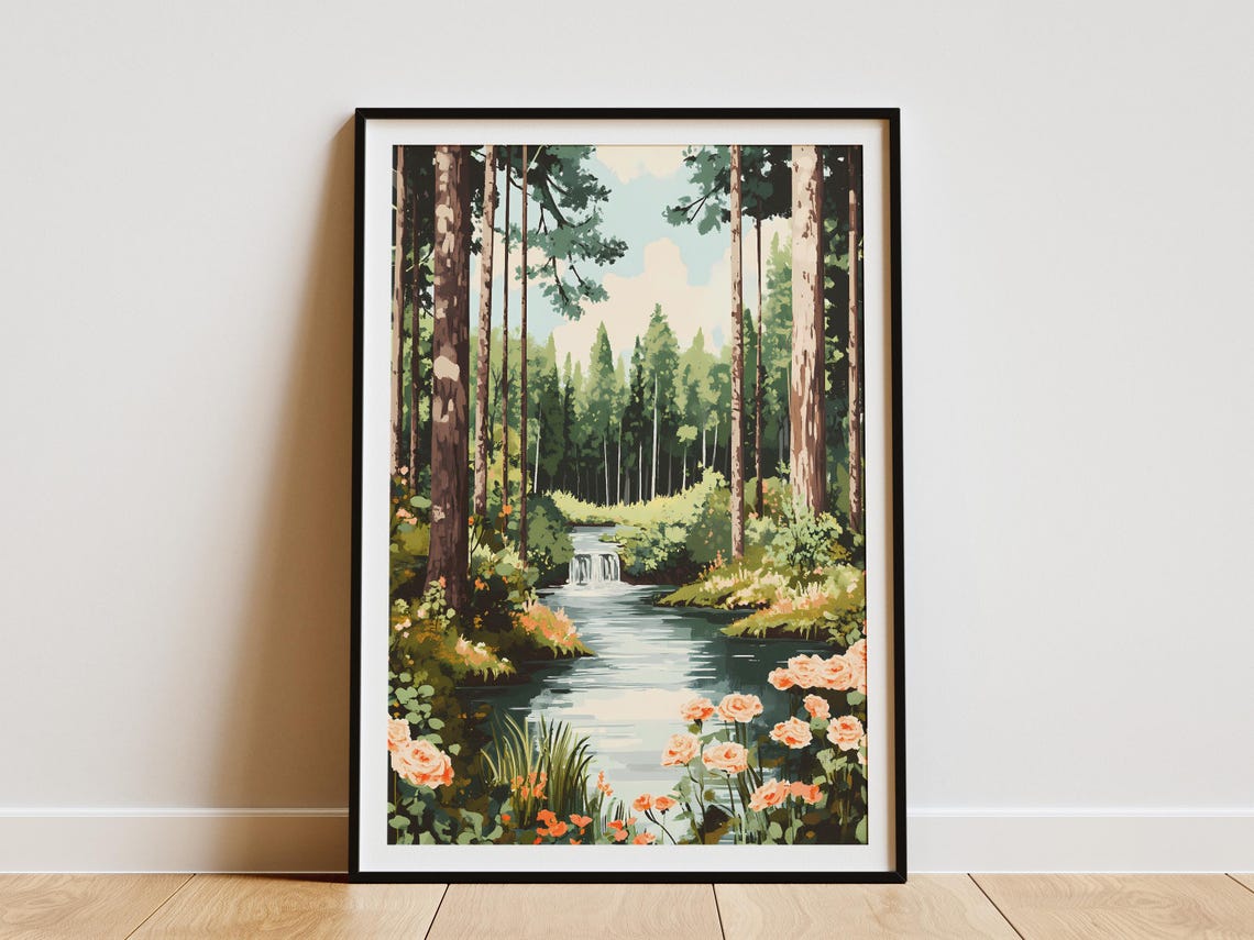 Forest Stream With Peach Roses Leading To Distant Waterfall Poster