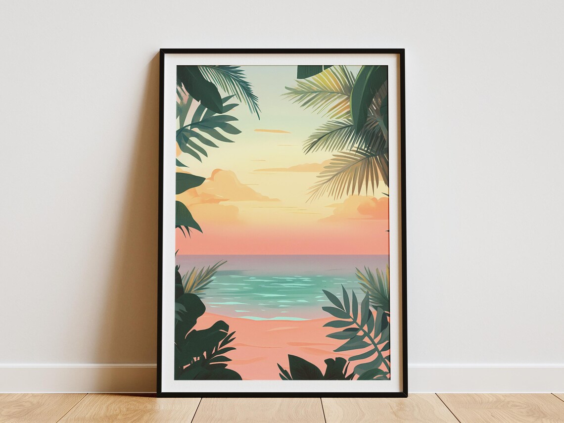 Tropical Beach Sunset Framed By Green Palm Leaves In Pink Poster