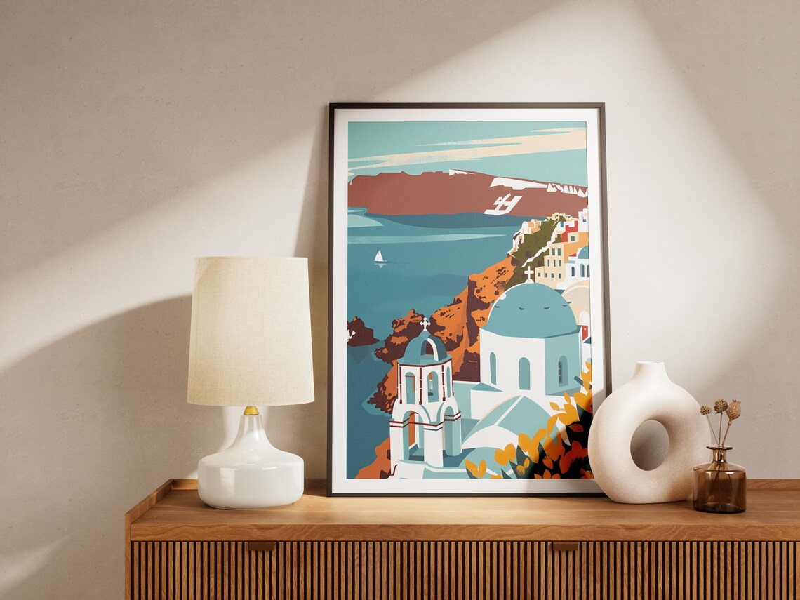 Santorini Greece Blue Domes Caldera Minimalist Travel Art Poster - Image 2