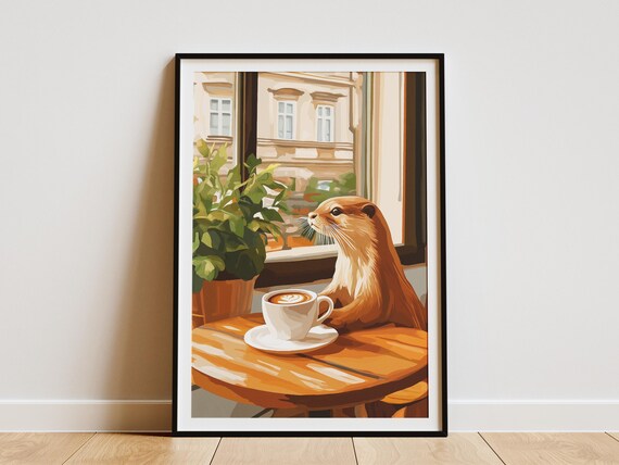 Otter Coffee Poster Cafe Wall Art Funny Animal Print Cappuccino Latte Lover Gift Shop Decor Cozy Kitchen