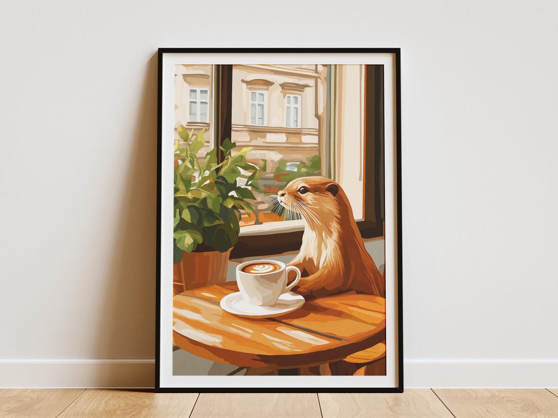 Otter Coffee Poster Cafe Wall Art Funny Animal Print Cappuccino Latte Lover Gift Shop Decor Cozy Kitchen