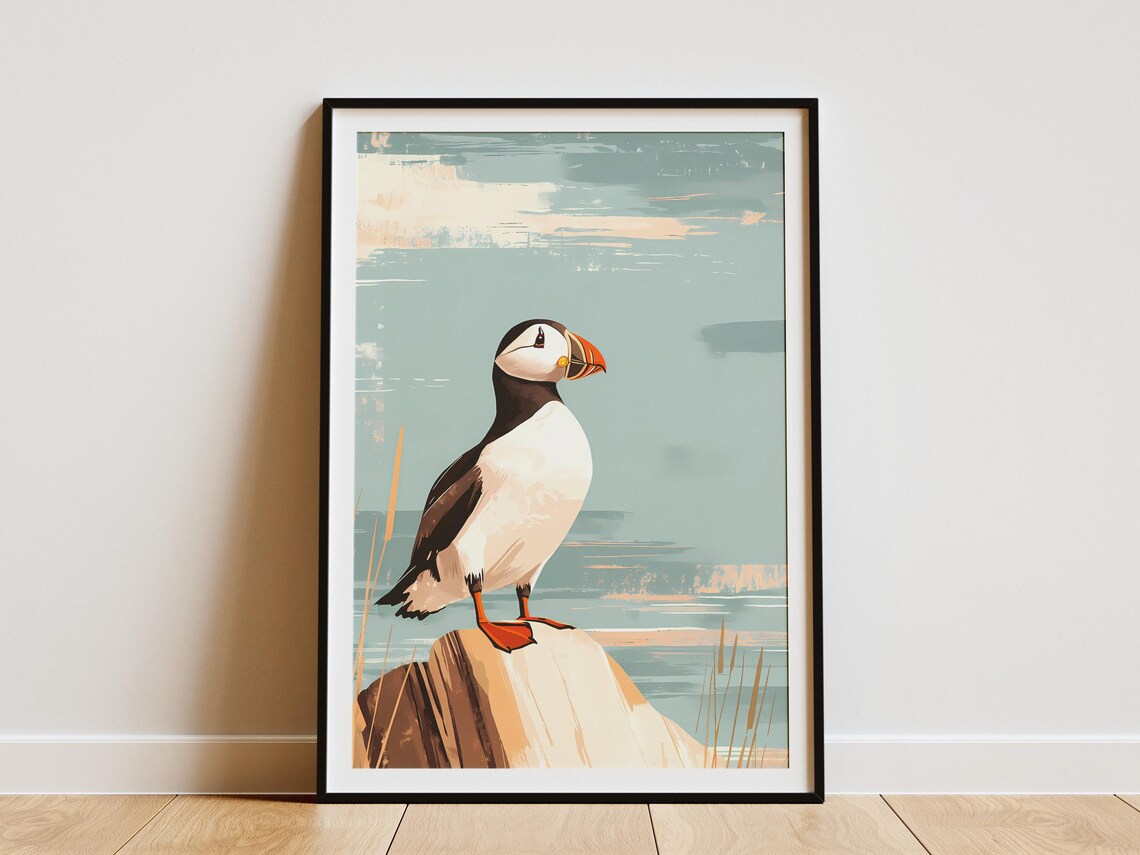 Puffin Perched on a Pale Rock by the Sea Ocean Bird Art Poster