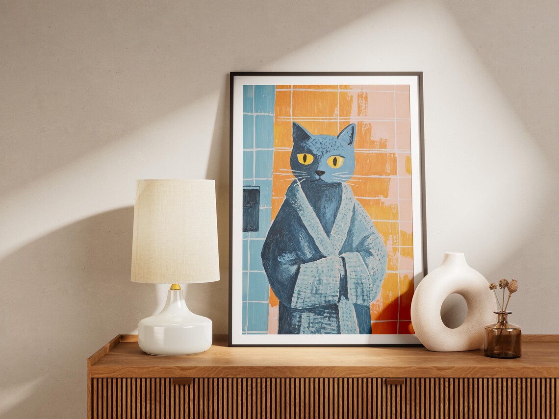 Russian Blue Cat in Cozy Blue Bathrobe Fun Bathroom Art Poster - Image 4