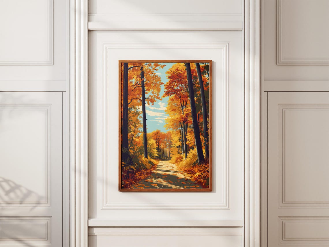 Golden Autumn Forest Path Lined With Orange Maple Trees Poster - Image 2