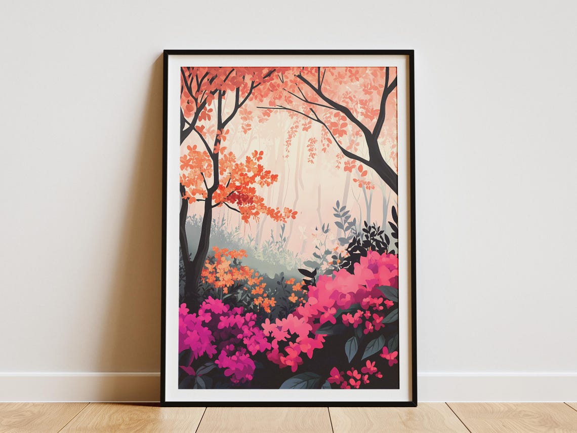 Coral Tree Canopy With Magenta Azaleas Poster in a Misty Garden