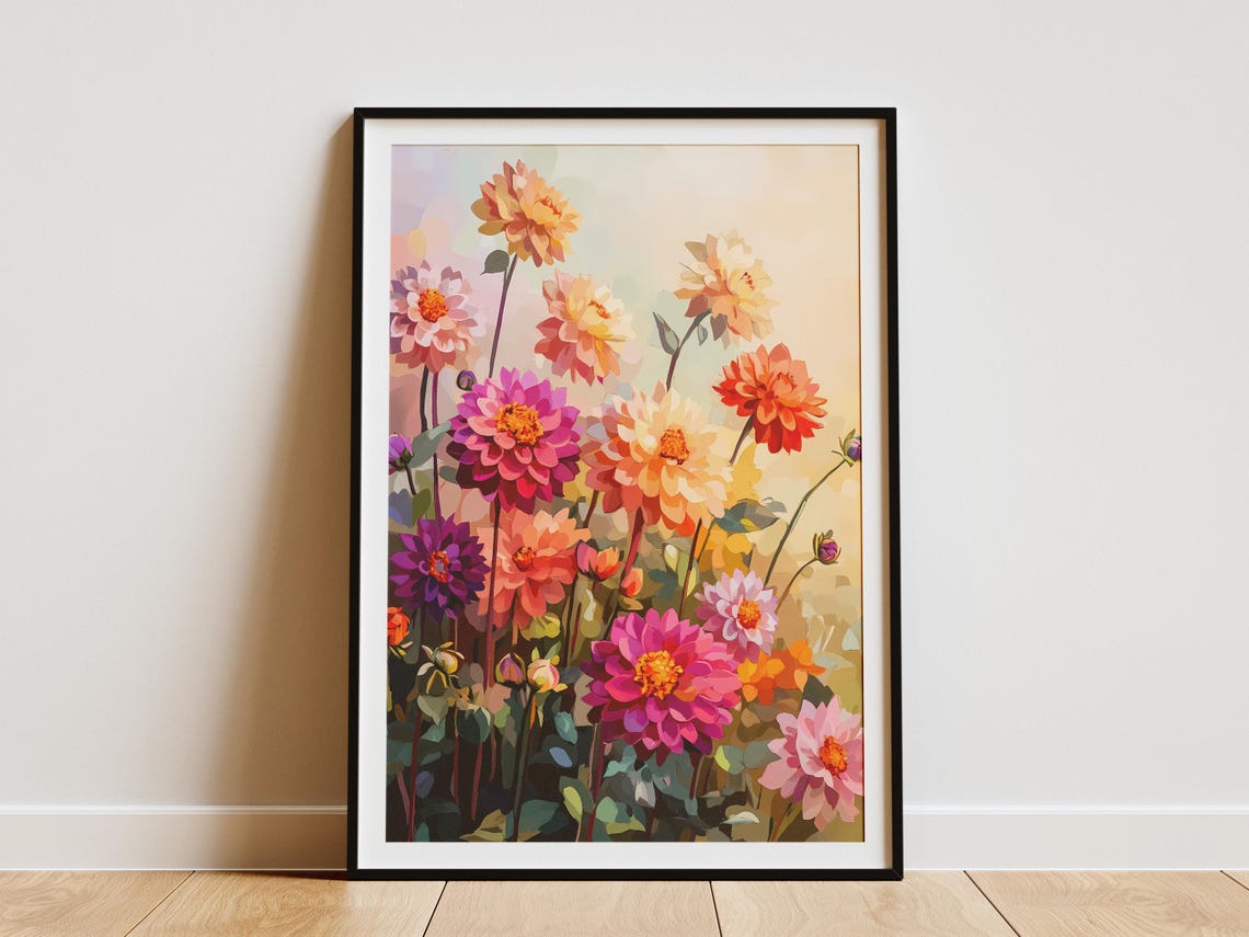Dahlia Garden Posterfloral Art Printblooming Flowerssummer Gardenbotanical Illustrationcolorful Dahliaspink Flowersorange Dahliaspurple