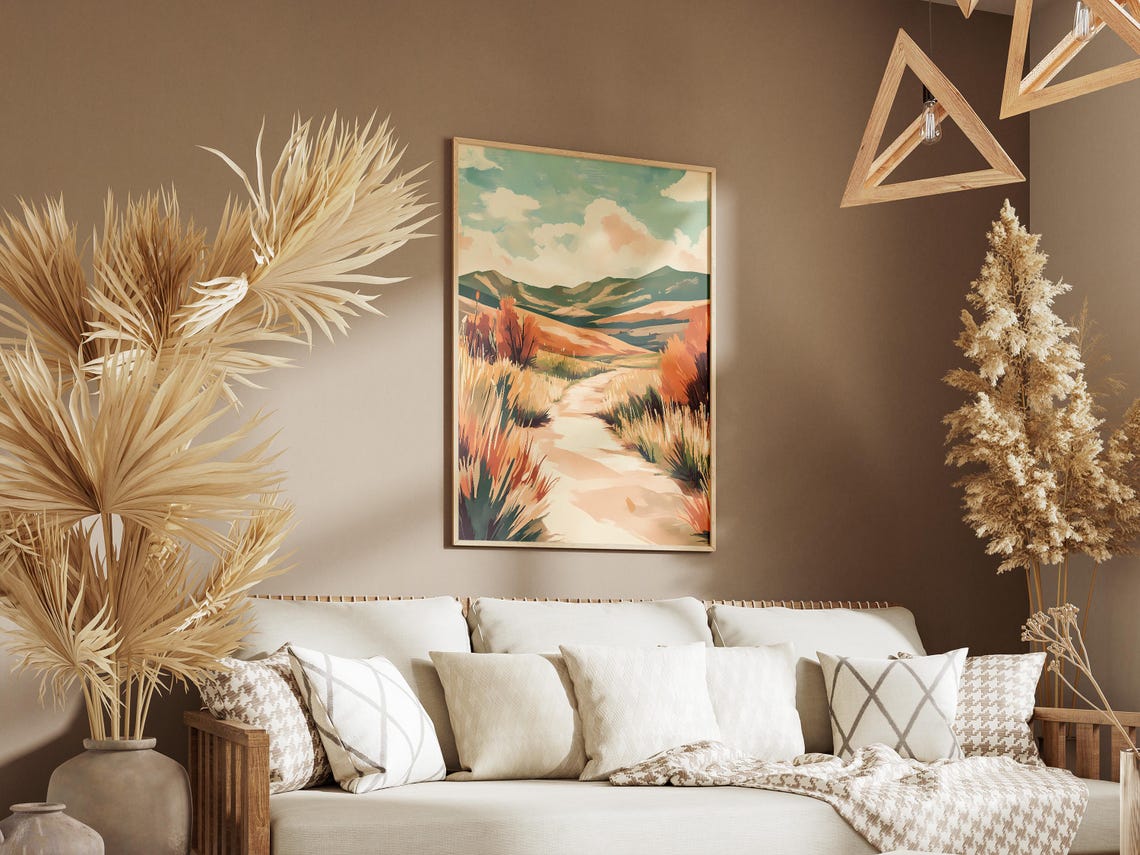 Sunset Meadow Trail Through Orange Grasses and Green Hills Poster - Image 3