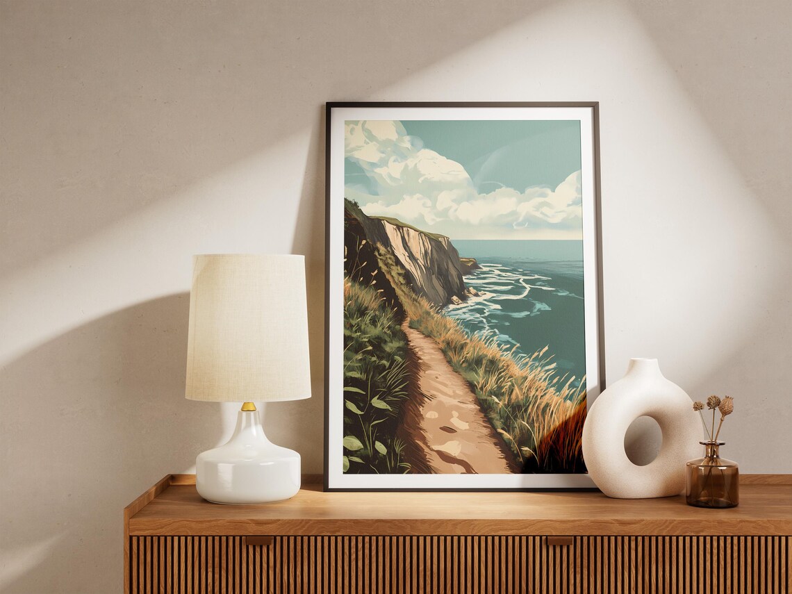 Grassy Cliffside Hiking Trail Overlooking a Turquoise Sea Poster - Image 5