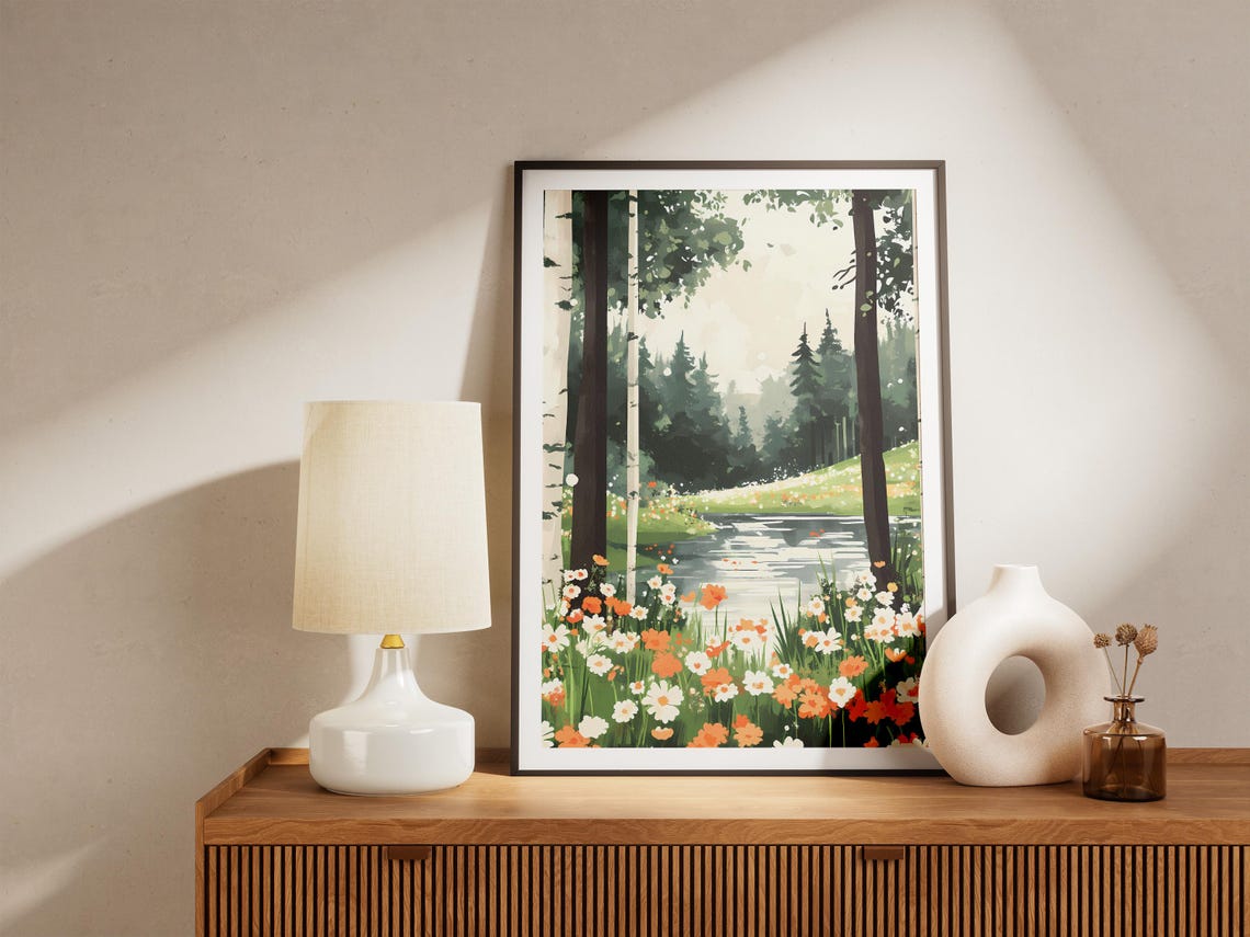 Birch Forest River With Orange And White Wildflowers Spring Poster - Image 5