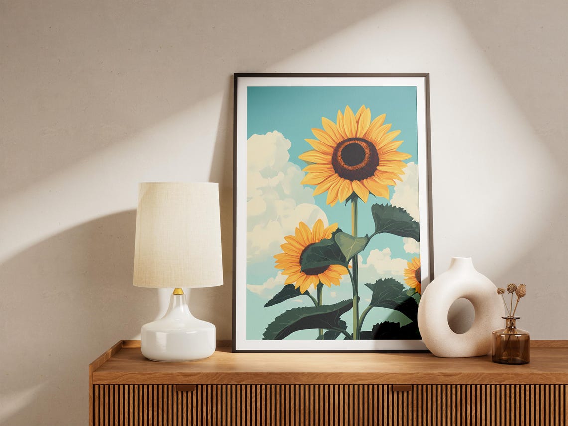 Single Tall Sunflower Under Turquoise Sky Poster Cloud Bloom - Image 5
