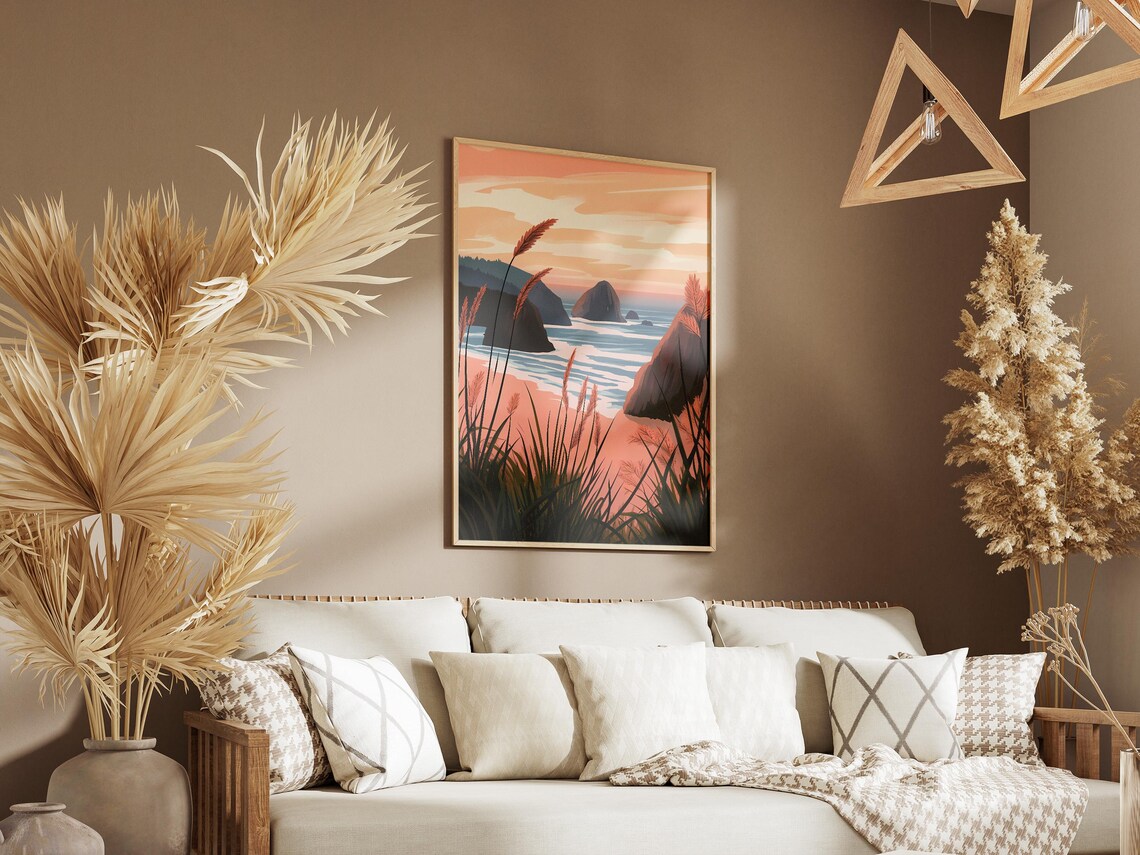 Pink Beach Grasses Framing Rocky Sea Stacks at Sunset Poster - Image 3