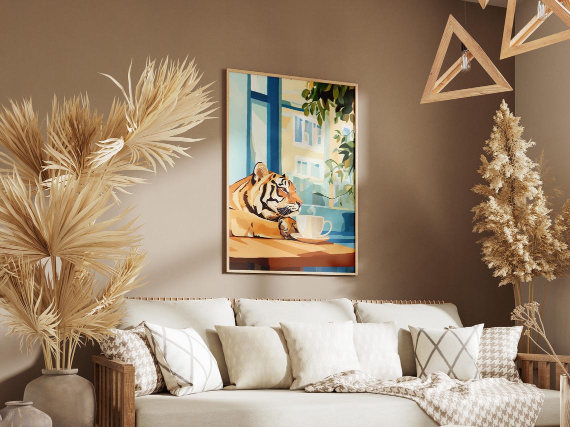 Tiger Resting At A Cafe Window Table With Steaming Coffee Poster - Image 3