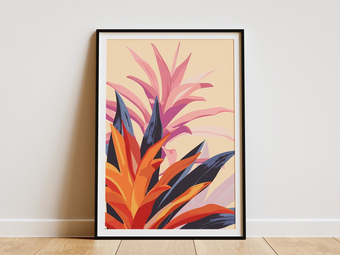 Bromeliad Tropical Leaves Pink Orange Minimalist Botanical Art Poster