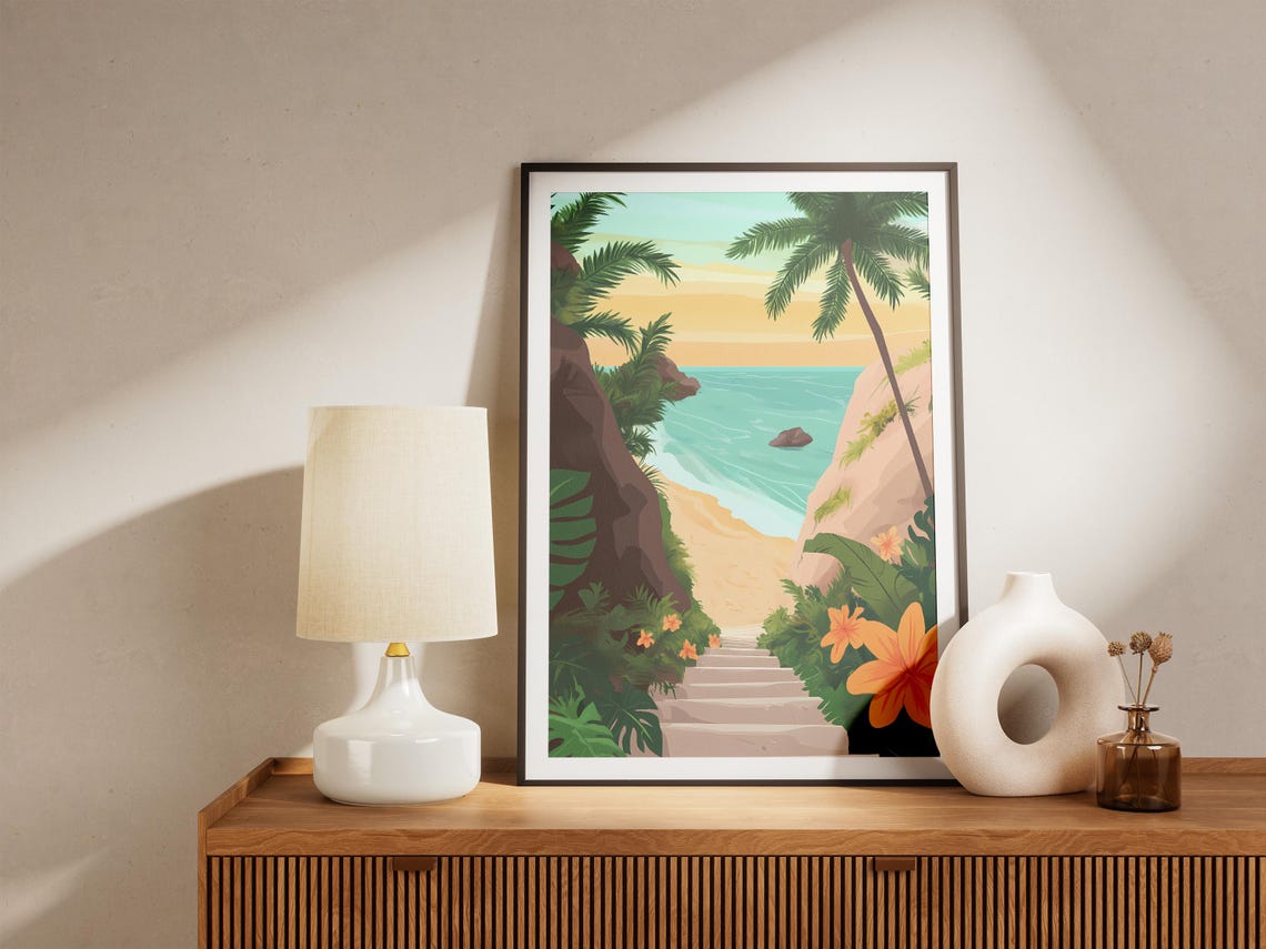 Tropical Beach Stairway Between Palms and Orange Flowers Poster - Image 5