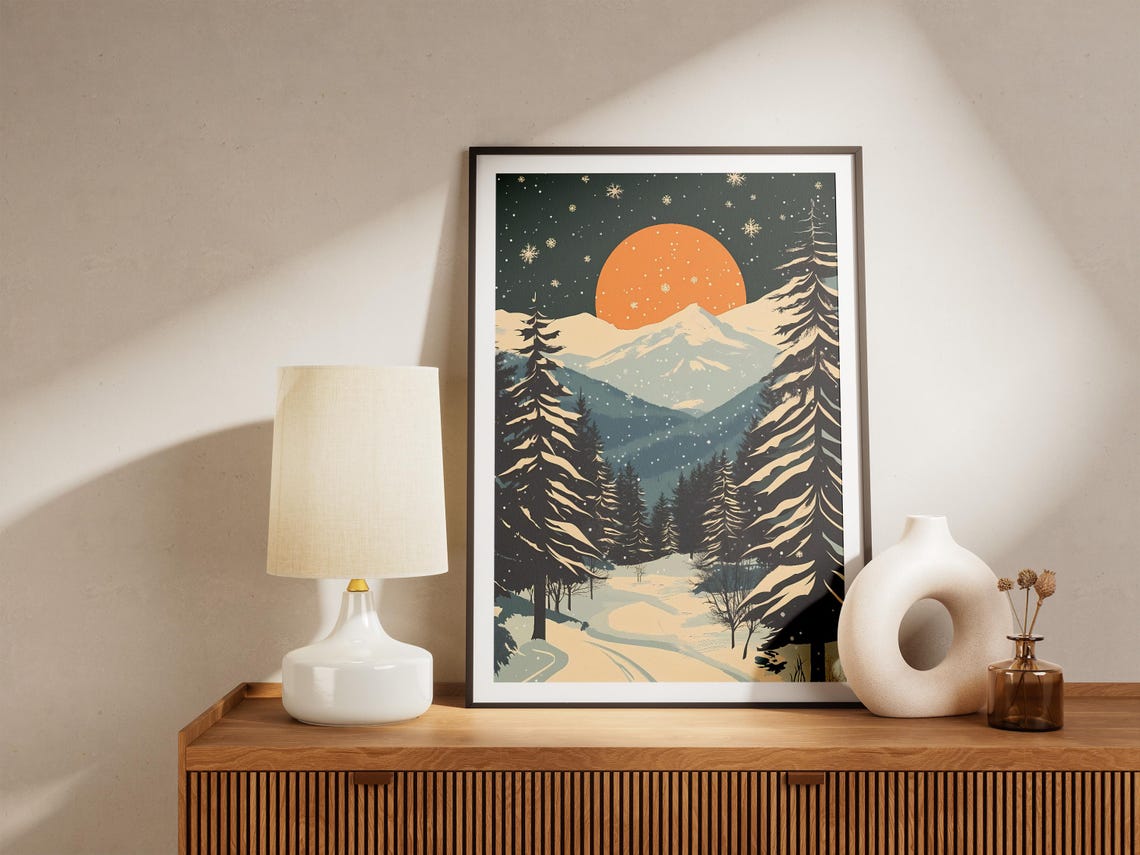 Snowy Pine Forest Under an Orange Moon in Falling Snow Poster - Image 5