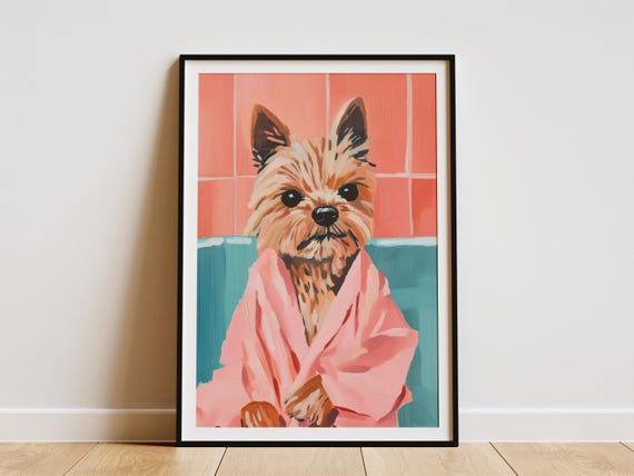 Yorkie Puppy In Pink Bathrobe Poster Cute Dog Wall Art Yorkshire Terrier Print Lover Gift Animal Portrait Nursery Pet