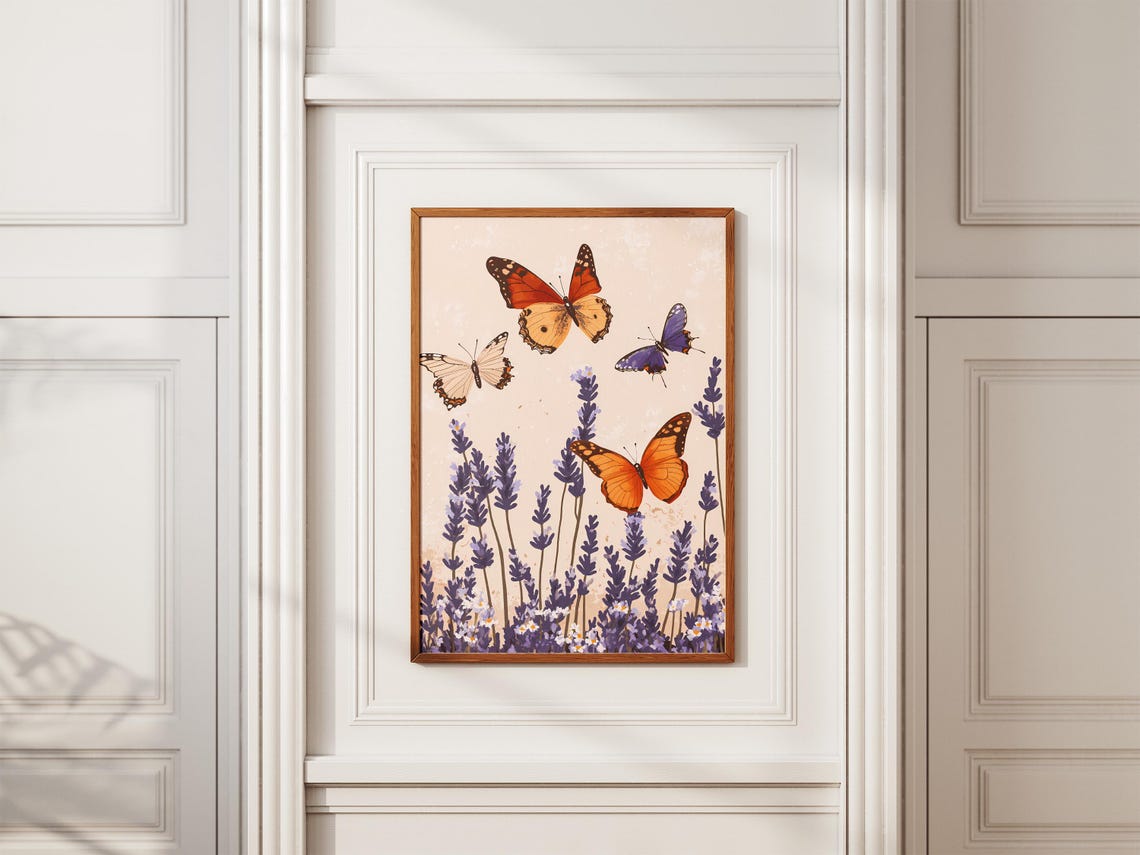 Butterflies Over Lavender Field Vintage Insect Art Illustration Poster - Image 2