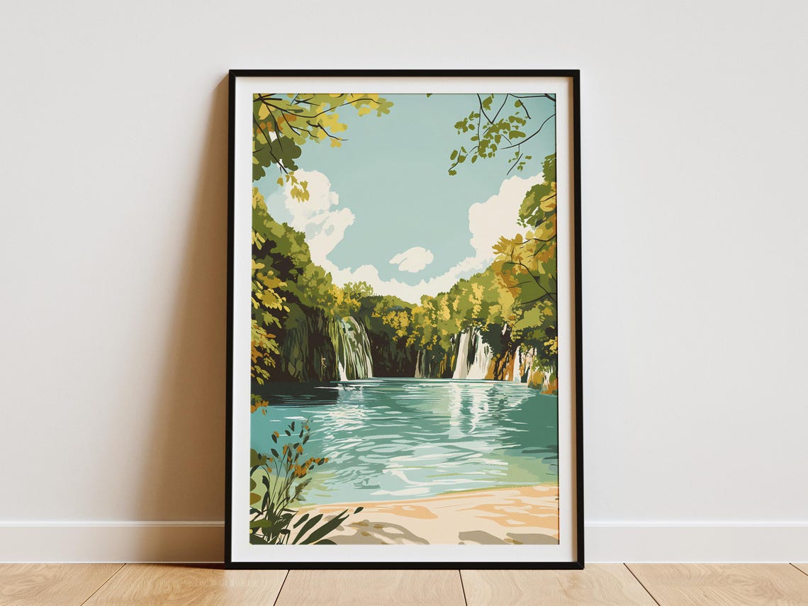 Plitvice Lakes Waterfalls and Turquoise Lake Art Poster Scenic