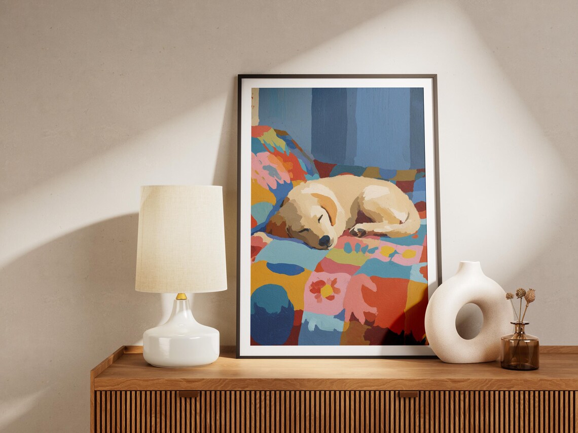 Yellow Labrador Puppy Sleeping on a Colorful Patchwork Quilt Cute Poster - Image 4