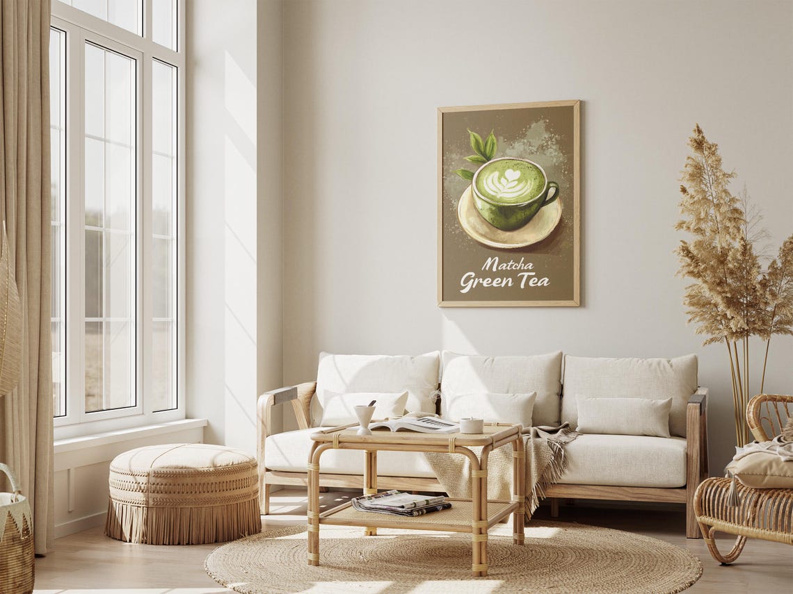 Matcha Green Tea Latte Leaf Latte Art Ceramic Cup Illustration Poster - Image 4