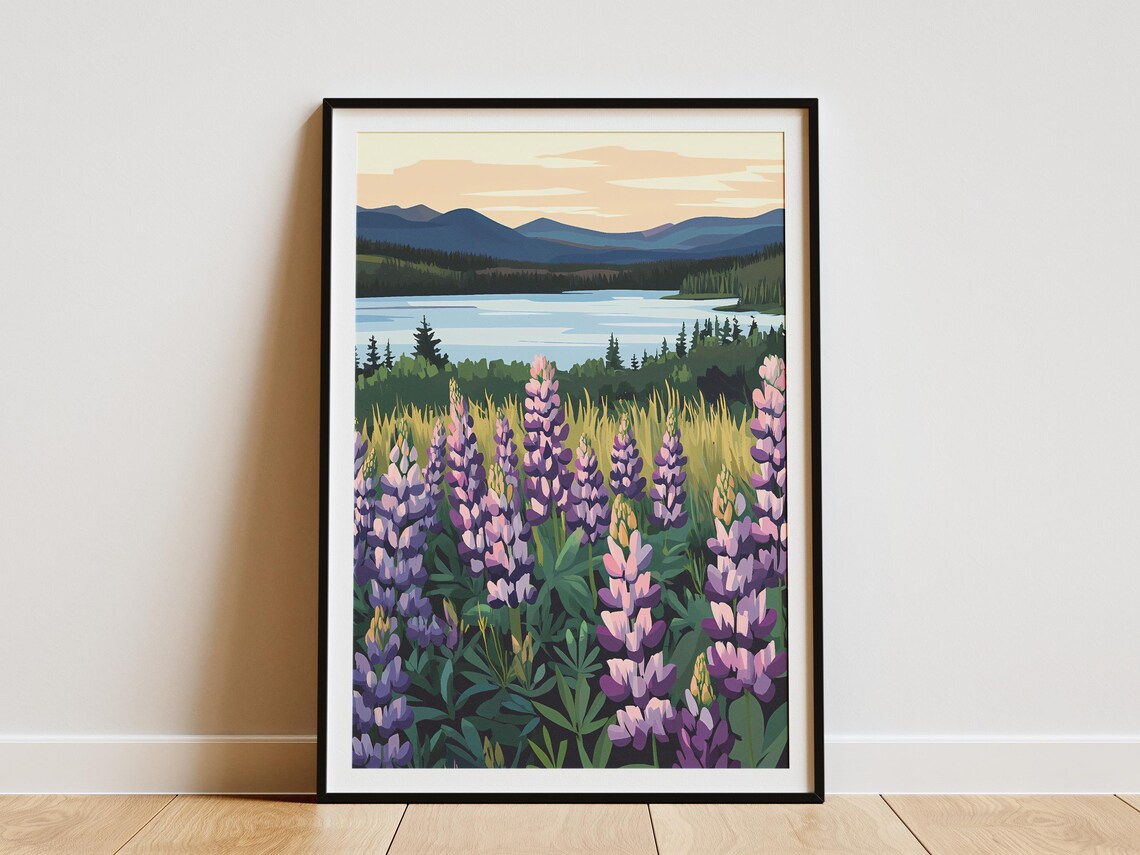 Purple Lupine Flower Field Lake Mountain Sunset Landscape Poster