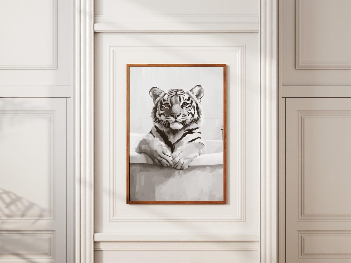 Tiger In Bathtub Print Animal Art Poster Bathroom Decor Minimalist Illustration Funny Unique Wall Modern - Image 2